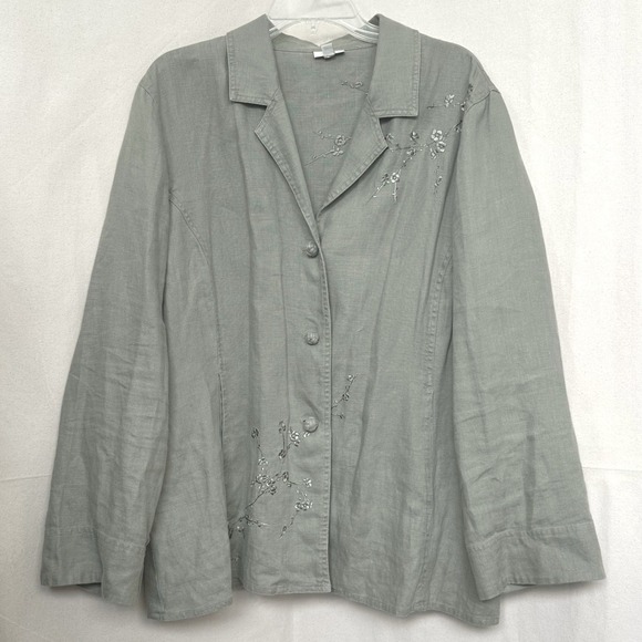 J. Jill Jackets & Blazers - J. Jill Sage Green 100% Linen Embroidered Button Up Jacket Womens XL Lagenlook